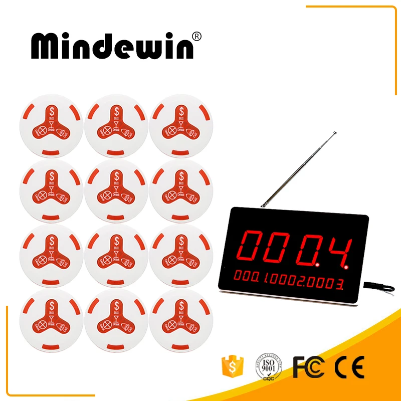 

Mindewin Design Wireless Pagers Waiter Calling System 12PCS M-K-4 Call Button and 1PCS M-R-1 LED Display Waterproof Call Bell