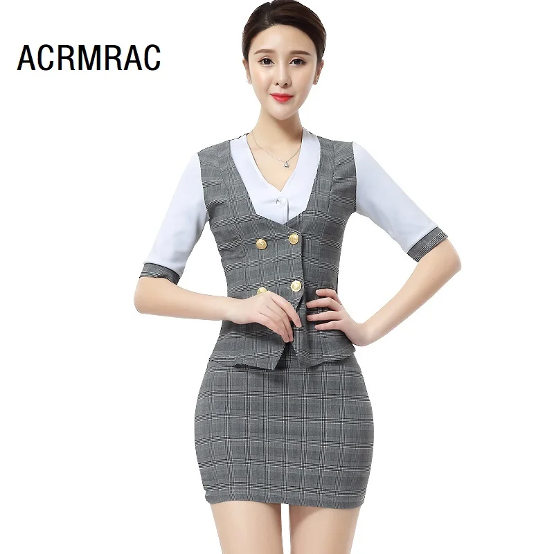 ACRMRAC женские костюмы летние короткие тонкие лоскутные полые с коротким рукавом куртка юбка бизнес OL деловой костюм с юбкой 2317