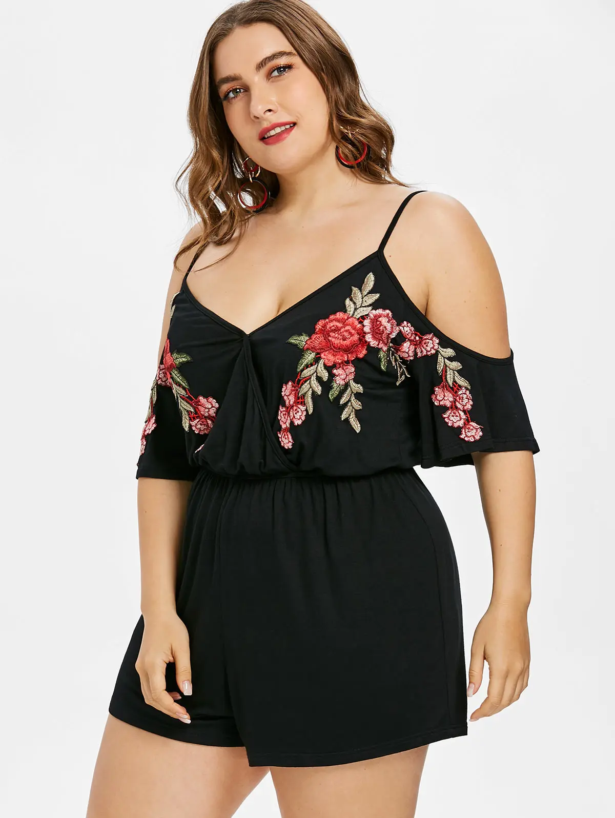 Plus Size 5XL Embroidery Cold Shoulder Slip Romper Women Spaghetti Str