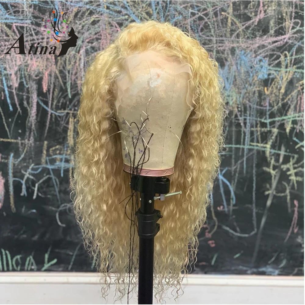  Colored Curly Honey Blonde Omber 613 360 invisible Lace Frontal Human Hair Closure Wig With Baby Ha