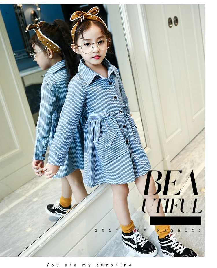 Baby Dress Girls Children's Toddler Girls  College style leisure Washed denim Long sleeve Collect waist stripe shirtdress for 3-14Y kids clothing (10)