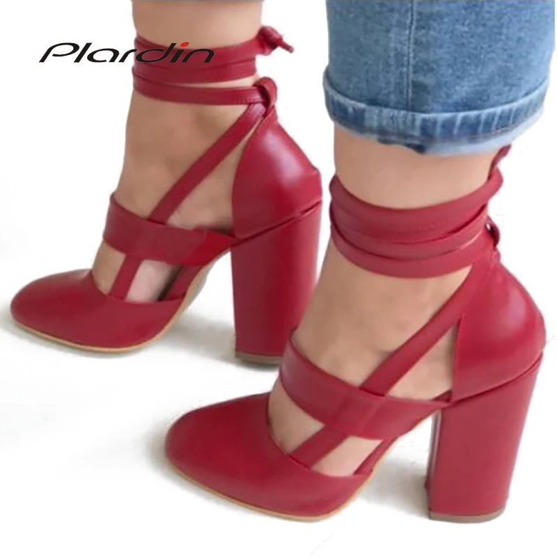 

Plardin New Summer Plus Size Sexy Woman Peep Toe Square Heel Sandals Shoes Ankle Strap With One Word Faux Fur Woman Shoes