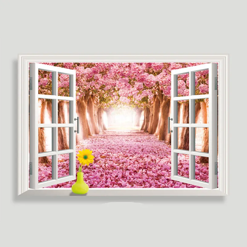 

3D fake window landscape wall stickers pink cherry blossom tree road bedroom decorative wallpaper removable home decor poster