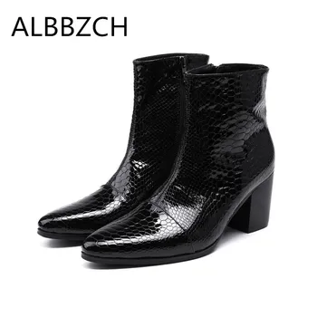 

Fashion patchwork embossed patent leather boots shoes men high heels pointed toe zip design cowboy work boots big yards 45 46 47