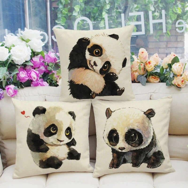 

Hot sale cushion Cute animal panda printed cotton linen home decorative pillow car-styling seat back cushions 45x45cm dropship