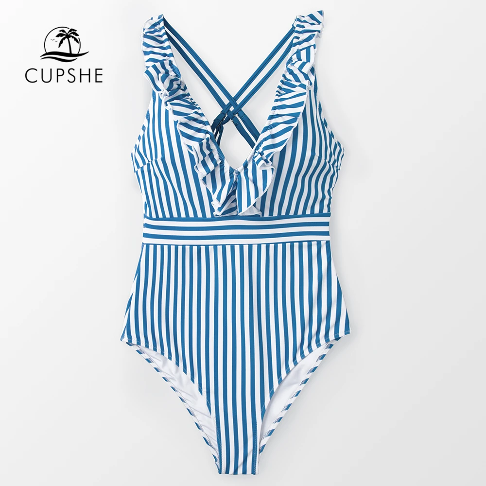 Billige CUPSHE Blau Und Weiß Streifen Kräuselte Einteiliges Badeanzug Frauen Süße Kreuzmuster Monokini 2020 Mädchen Strand Badeanzüge