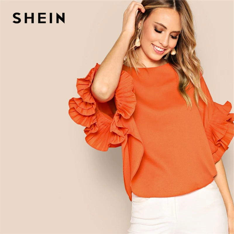 

SHEIN Neon Orange Zip Back Layered Pleated Sleeve Top Blouse Summer Women O-Neck Solid Elegant Office Lady Tops and Blouses