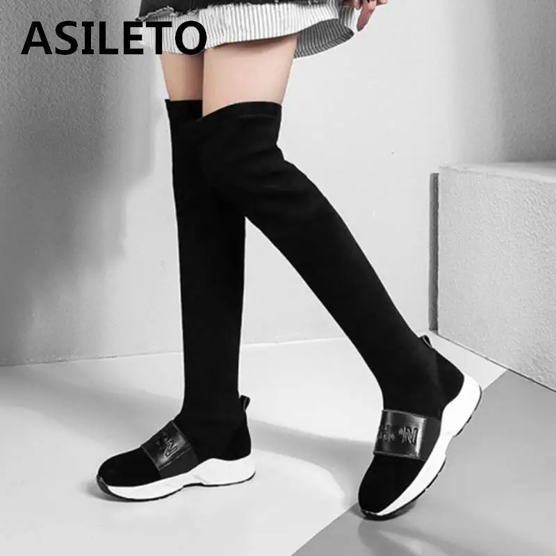 

ASILETO brand Over the knee boots women Boots Cow suede boots shoes thigh high boots sock stretch botte botines bota A1318