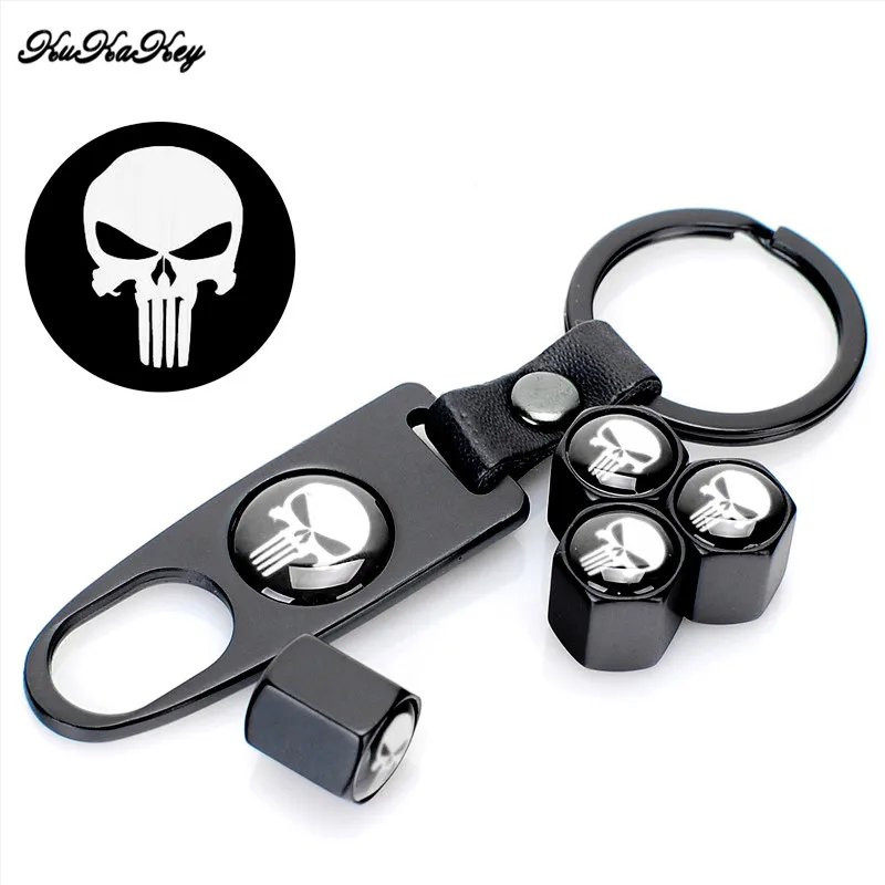 

KUKAKEY 4Caps+1Keychain Skull Punisher Universal Bicycle Car Tire Valve Caps For Mercedes Benz Airtight Wheel Tyre Air Stems Cap