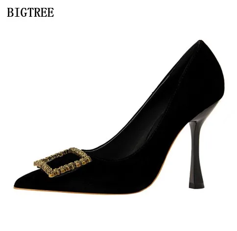 

BIGTREE Genuine Pumps Business Suede Summer Or Autumn Fine root Heels 10 cm Korean Version Suede Shallow Mouth Women's Shoes