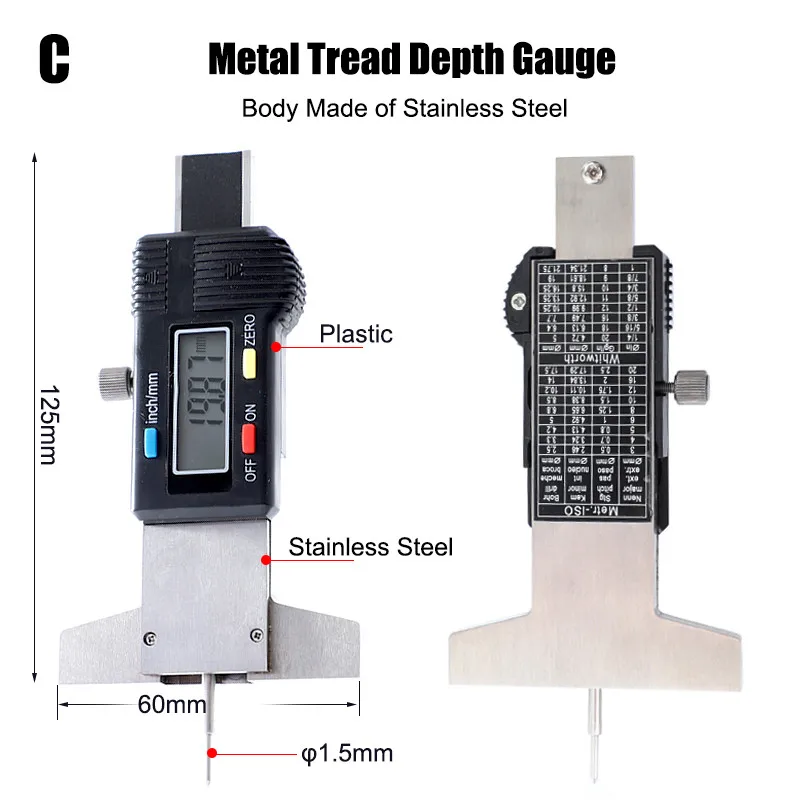 Цифровой измеритель глубины 0-25,4 мм/0,01 мм метрический/дюймовый датчик глубины протектора колеса светодиодный штангенциркуль 1 шт - Цвет: C