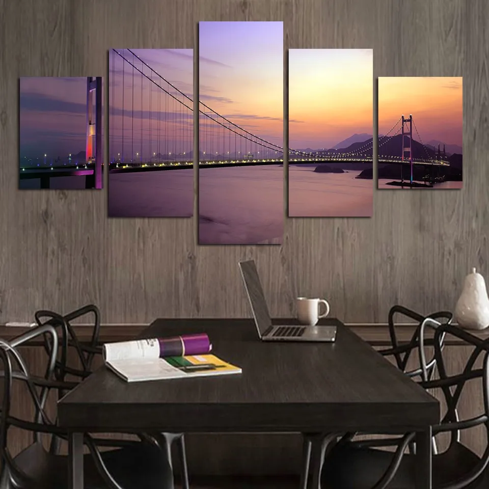 

Frame Living Room Wall Art HD Printed Pictures 5 PiecePcs Bridge Dusk Landscape Modern Painting On Canvas Home Decor Posters