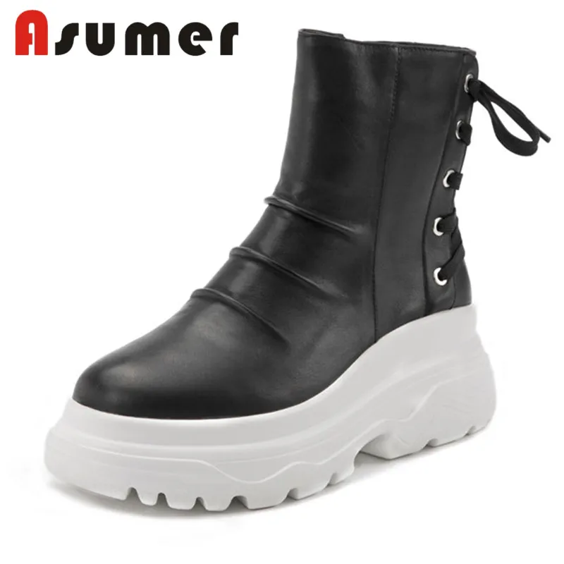 

ASUMER NEW 2018 cross tied ankle boots for women solid comfotable daily winter boots round toe wedge genuine leather boots