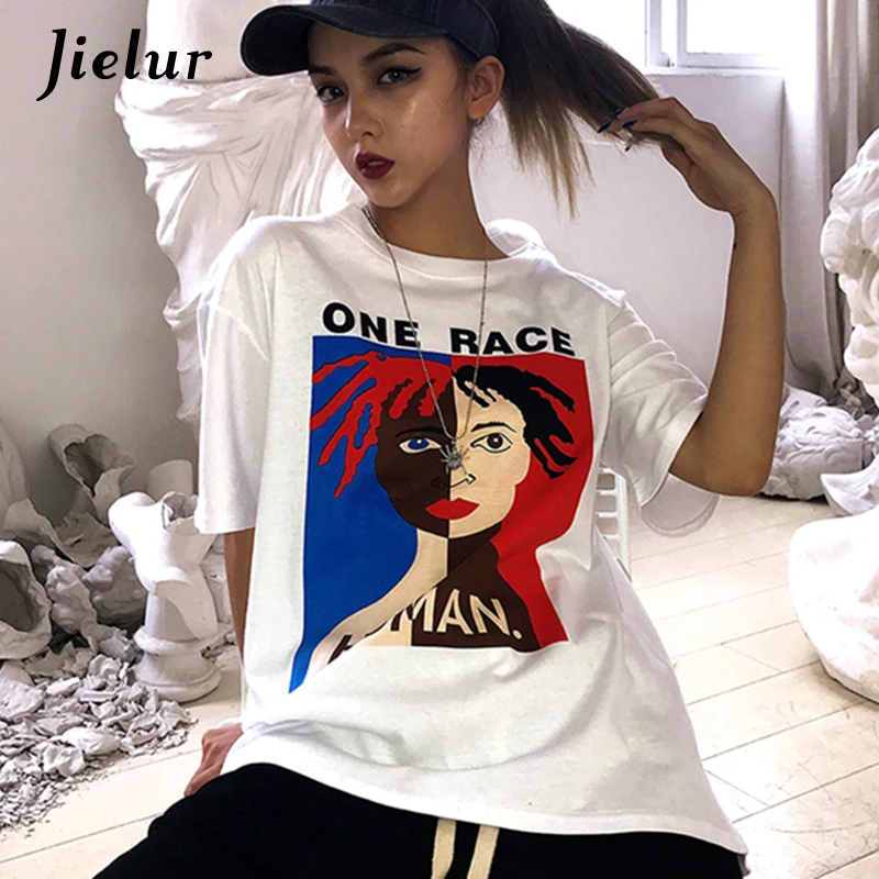 Jielur carta humanos impreso Camiseta de Color blanco de dibujos animados fresco T Camisas Mujer Chic S-XL suelto Camiseta femenina Dropship