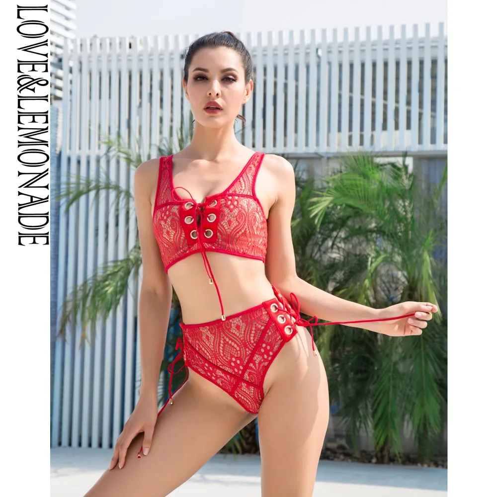 

Love&Lemonade Red Lace Stitching Gold Circle Two-Pieces Sets LM0099