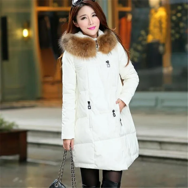 

2016 New Korea Fashion Winter Women Coat  Candy Color Down Parka Slim Long Jacket Female Fur-hooded Zipper Pocket Outwear ZS017