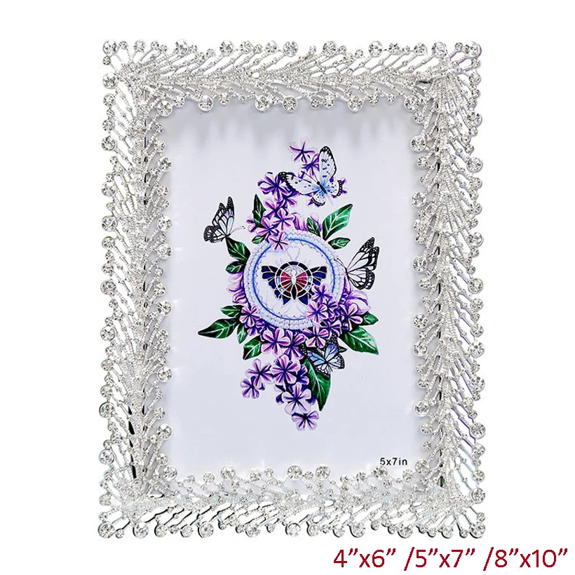

European Handmade Rectangle Shaped Shiny Silver Plating with Clear Rhinestones Jeweled 4x6 5x7 8x10 Tabletop Metal Photo Frame