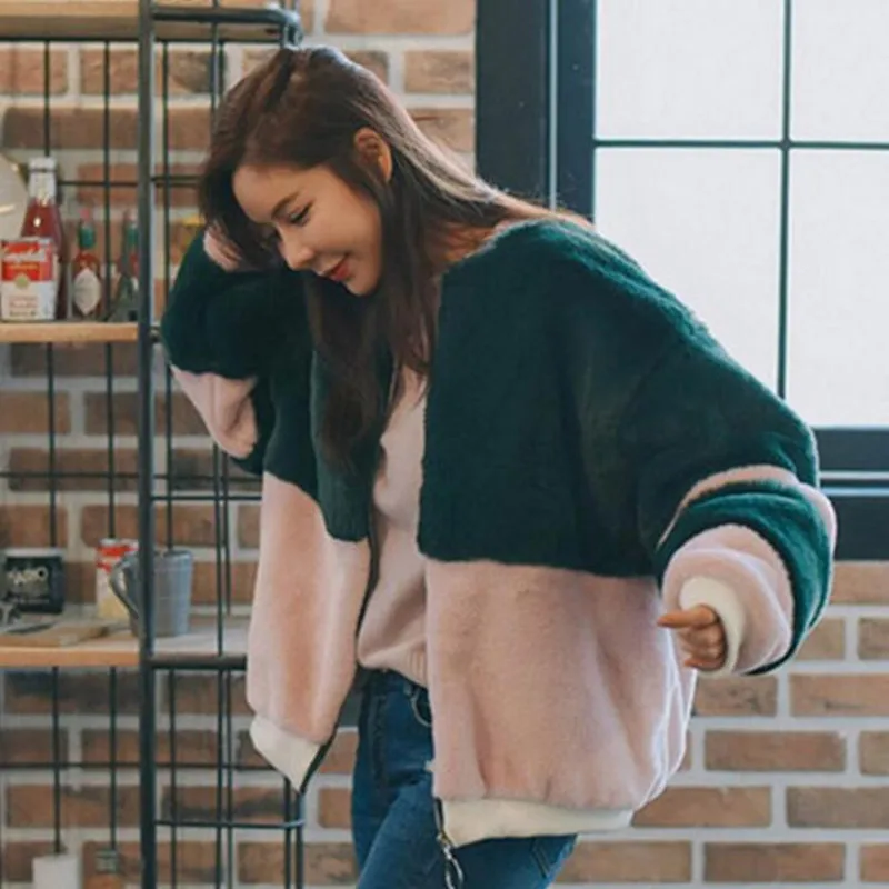 

Stylish Contrast color Pink Green Faux Fox Fur Jackets 2017 New Winter Woman Long sleeve Keep Warm Faux Fur Thick Coat Outerwear