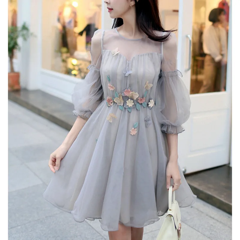 

2 Pieces Sweet Spring Summer Party Dresses Women Mesh Floral Appliques Dresses Women's Lantern Sleeve Ladies Party Dresses NS62