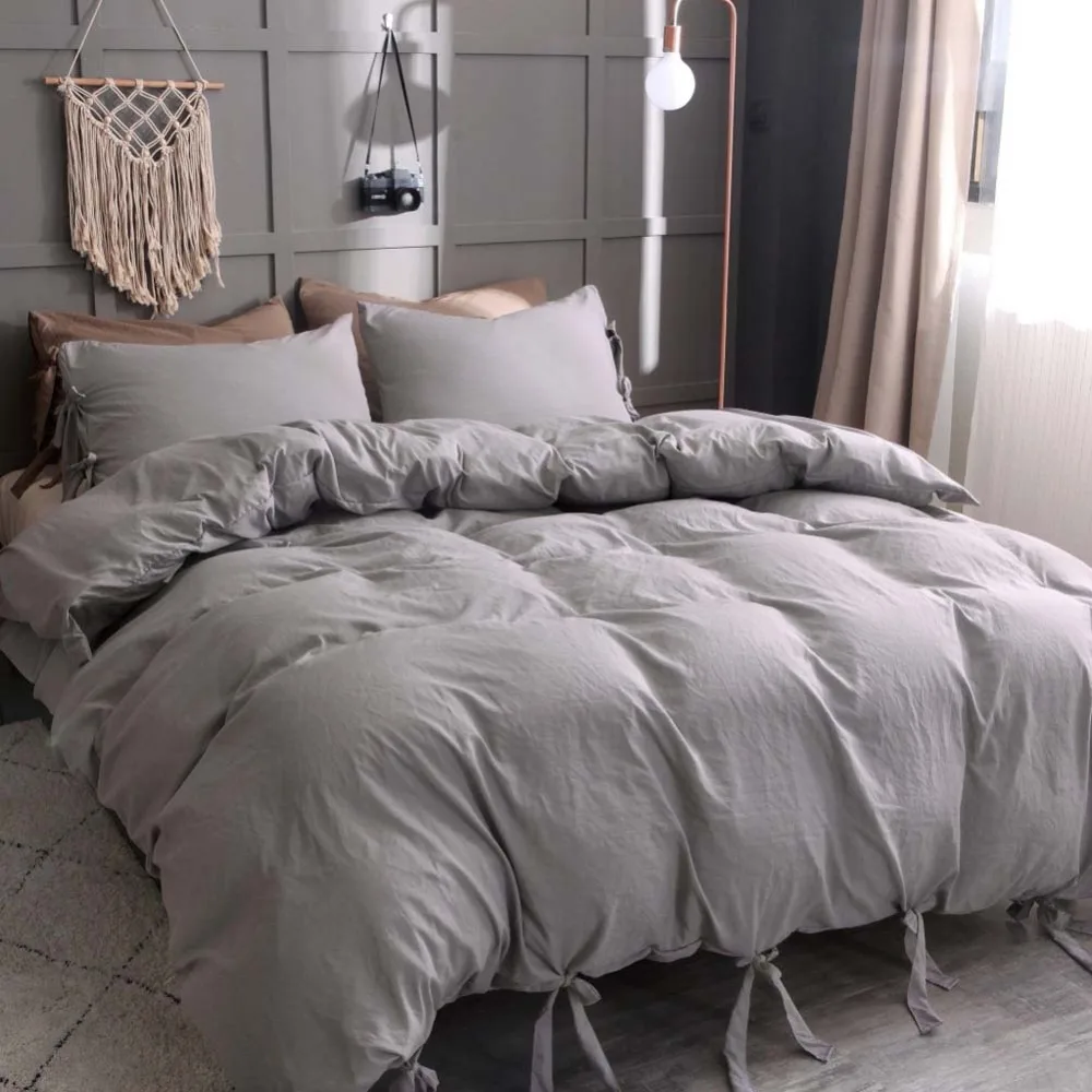 Lace Up Washed Cotton Duvet Cover Pillowcases Solid Printing Skin