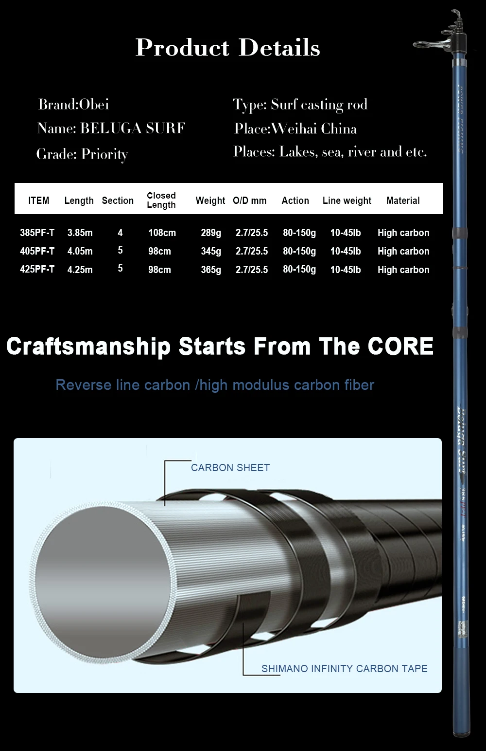 OBEI, удочка для серфинга, для морской рыбалки, телескопическая, FUJI reelseat и guide, 3,85 М, 4,05 м, 4,25 м, 80-150 г, удочка для серфинга, ловля карпа