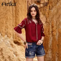 ARTKA 2018 лето новые женские хлопковые винтажные тканые универсальные отверстия рулонные прямые шорты из джинсовой ткани KN10781X