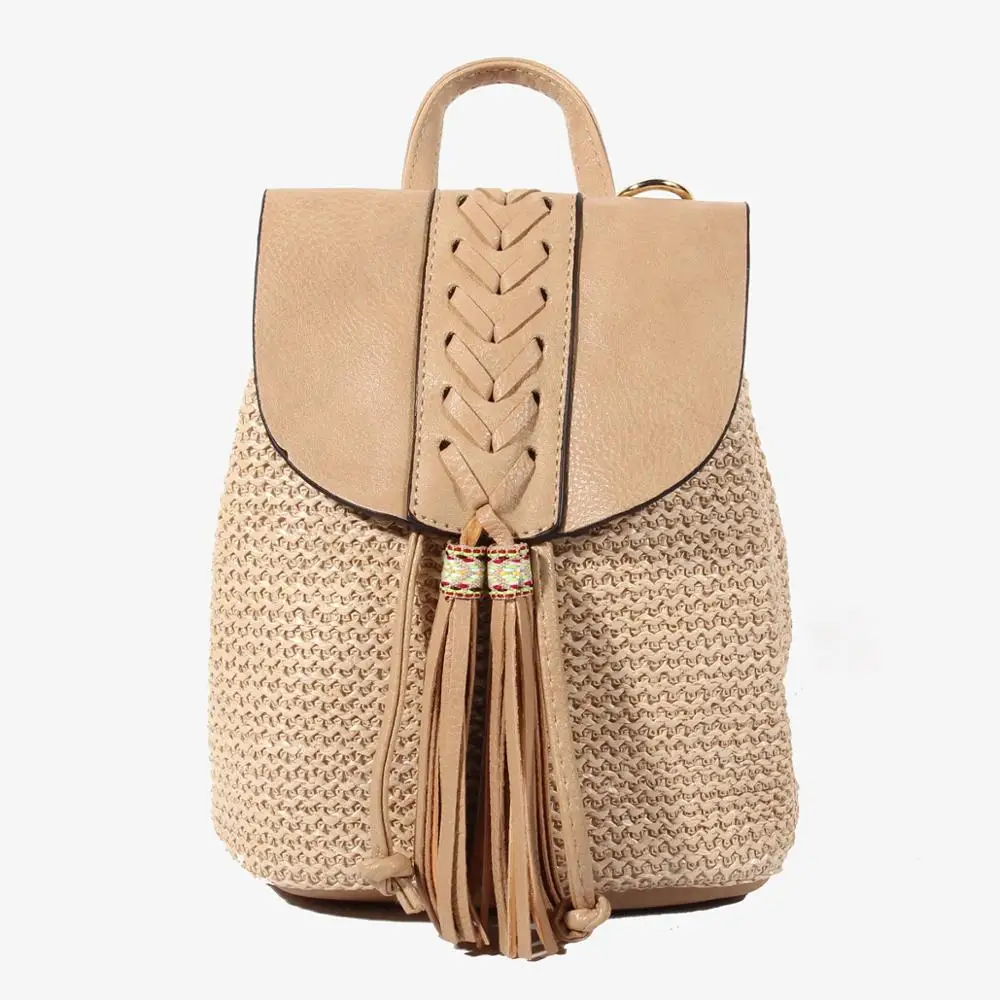 Коричневый соломенный тканый стильный женский рюкзак с кисточкой, украшение в полоску, подкладка на магните, женские эко веганские сумки, B-004