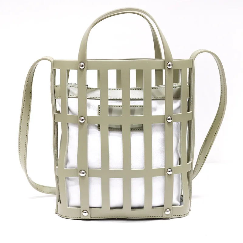

Summer Beach Bucket Bag Women Casual Handbag With 2 Bags 2019 Diy Large Capacity Hollow Plaid Shoulder Bag Green Bolsa Feminina