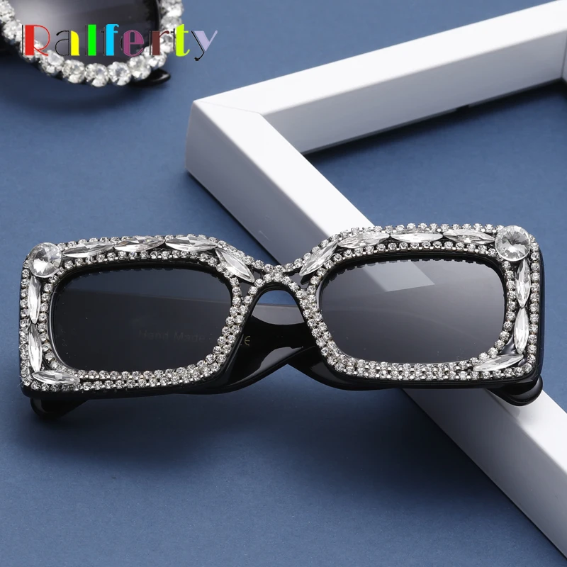 Ralferty, ручная работа, блестящие солнцезащитные очки с кристаллами, женские квадратные роскошные солнцезащитные очки с бриллиантами, UV400, черные стразы, уникальные очки F97560