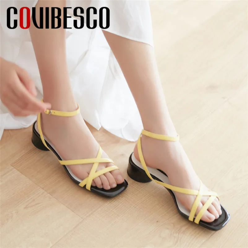 

COVIBESCO 2019 Summer New Concise Thin Strap Genuine Leather Women Sandals Square Toe Round Heels Basic Party Office Shoes Woman