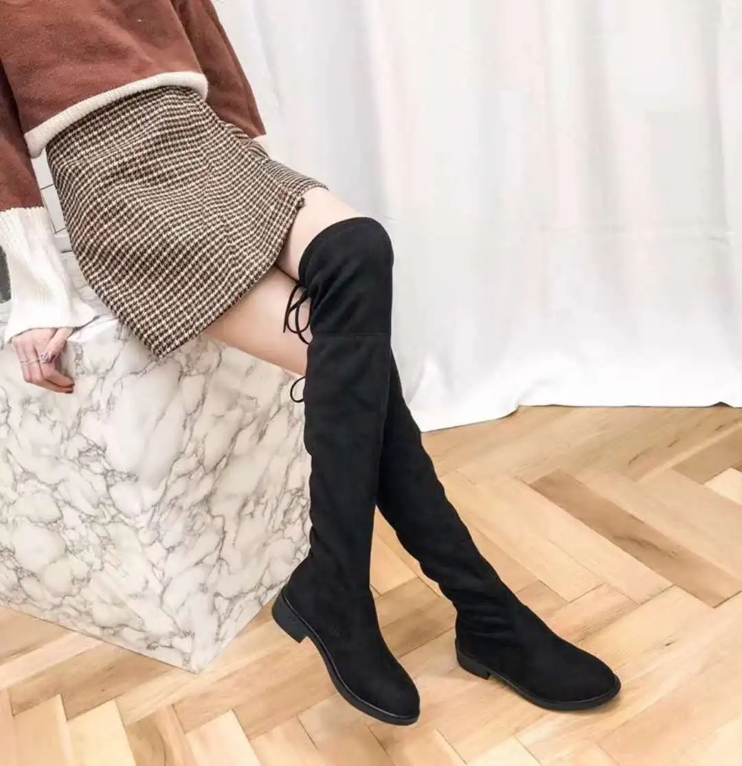 

Fashion Rubber Flock Women Over-the-Knee Boots Round Toe Low Solid Long Boots Square Heel Casual Winter Shoes Lace-Up