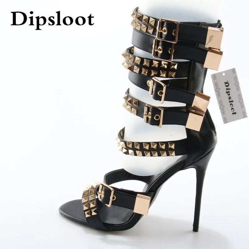 Summer Fashion Golden Rivet Leather Straps Women Open Toe Sandals 120 Mm Ladies High Heel Zipper