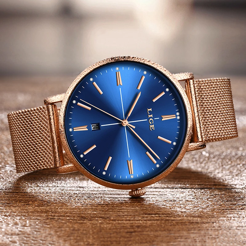  2019 LIGE New Rose Gold Blue Table Womens Business Quartz Watch Ladies Brand Top Luxury Ladies Watc