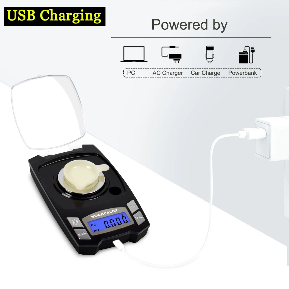 NEWACALOX 50g/100g x 0.001g USB 충전 보석 규모 LCD 디지털 포켓 정밀 전자 저울 약용 실험실 저울 무게