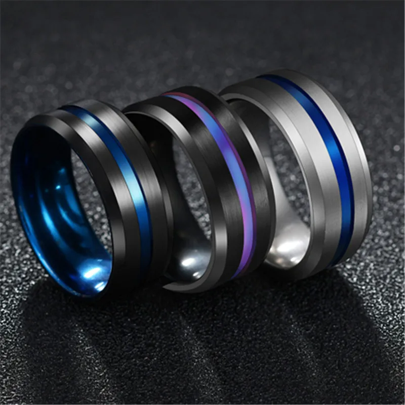 Fashion Simple 8MM Black Silver Color Titanium Steel Groove Ring