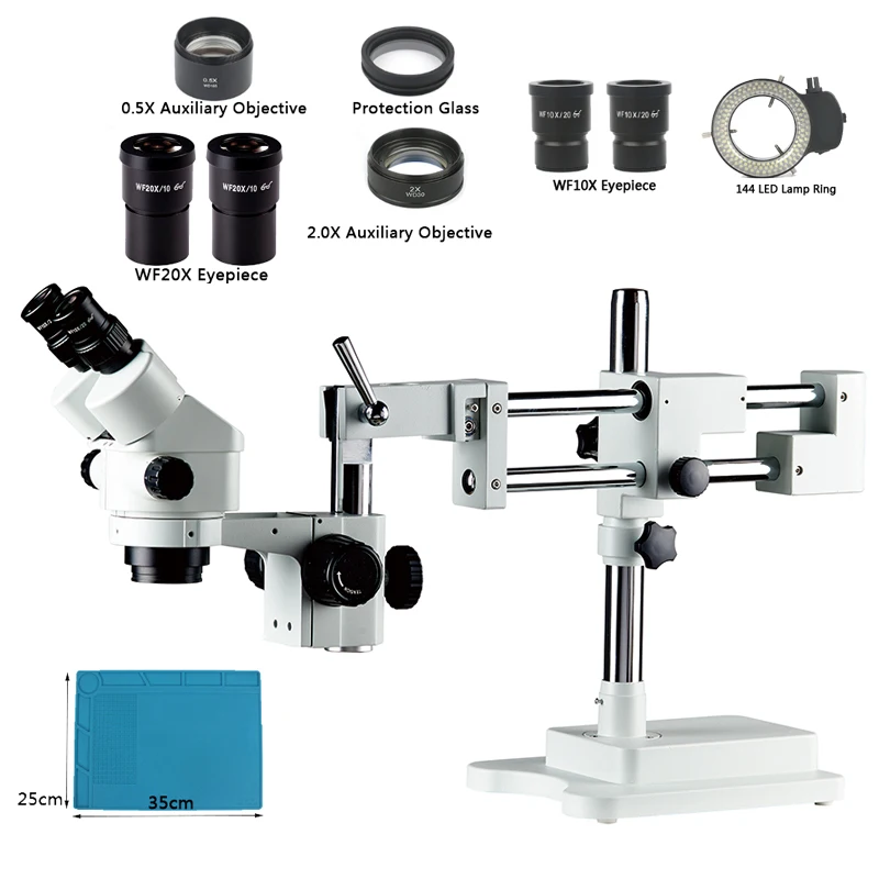 Универсальный двойной стрелы лабораторный промышленный 7x-90x зум бинокулярный стерео микроскоп стенд держатель кронштейн+ 144 светодиодный светильник+ 0.5X 2.0X объектив