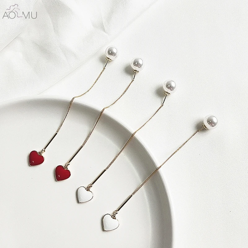 

AOMU S925 Sterling Silver Pin Love Heart Red White Pearl Long Chain Tassel Dangle Drop Earrings for Women Girl Party Jewelry