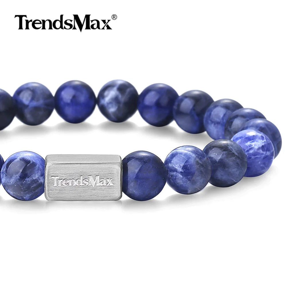 

Natural Blue Sodalite Stone Bracelet Stainless Steel Stretch Bracelet for Mens Womens Link Wristband Jewelry Retro Gem TBB00115