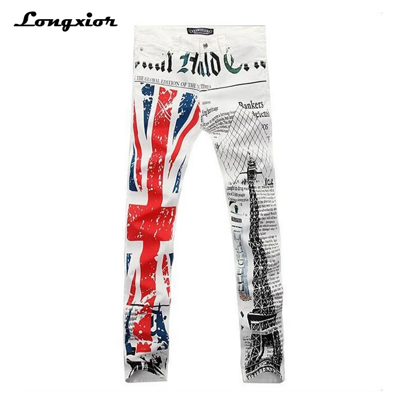 2017 men's fashion print jeans English flag Eiffel tower