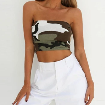 

Summer Crop Tops Women Strapless Boob Tube Ladies Stretch Bandeau Bra Crop Tops Fashion Party Shirt Camouflage Printed