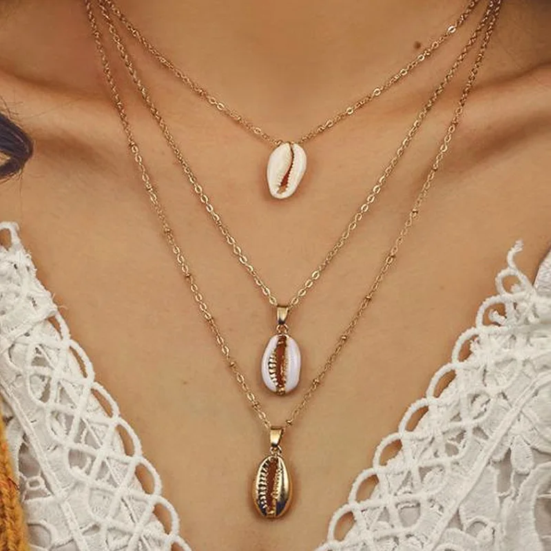 

Bohemian Layered Seashell Pendant Necklace for Women Statement Charm Gold Chain Necklace Choker Fashion Boho Jewelry Wholesale