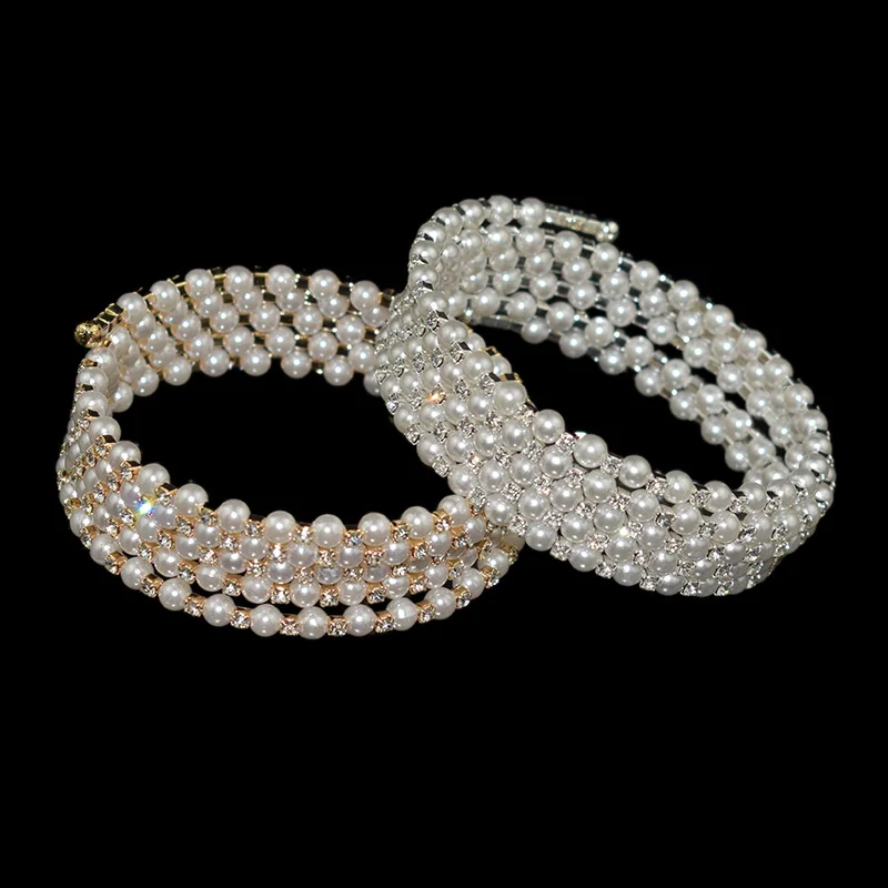 

New Arrival Fashion Crystal Rhinestone Bracelet 5 Rows Stretchable Imitation Pearl Ladies Bracelet Gold Silver Crystal Bracelet