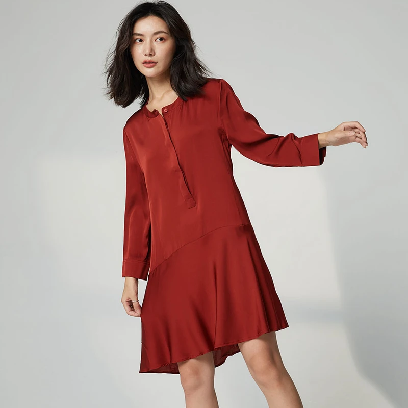 

100% Silk Dress Women Elegant Design Solid O Neck Three Quarter Sleeves 2 Colors High Quality Fabric New Fashion Spring 2018