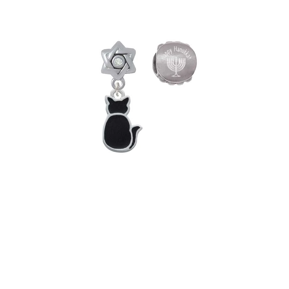Silvertone Large 2-D Black Cat Back Happy Hanukkah Charm Beads (Set of 2)