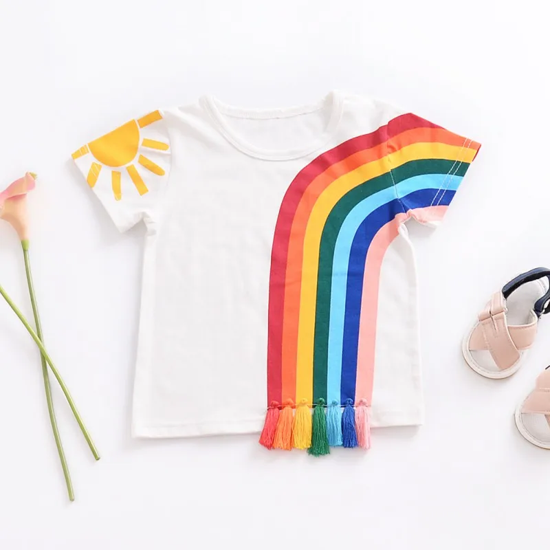 

2018 Boys Girls T-shirt Baby Boy Shirt Children Clothing Kids Autumn short Sleeve Rainbow Fringe Pattern Cotton Tops Tee Clothes