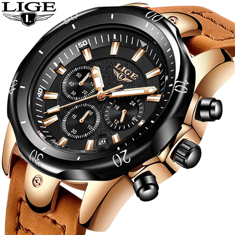 

LIGE New Men Watch Top Brand Luxury Waterproof Quartz Watches Fashion Casual Big Dial Leather Military Sport Relogio Masculino
