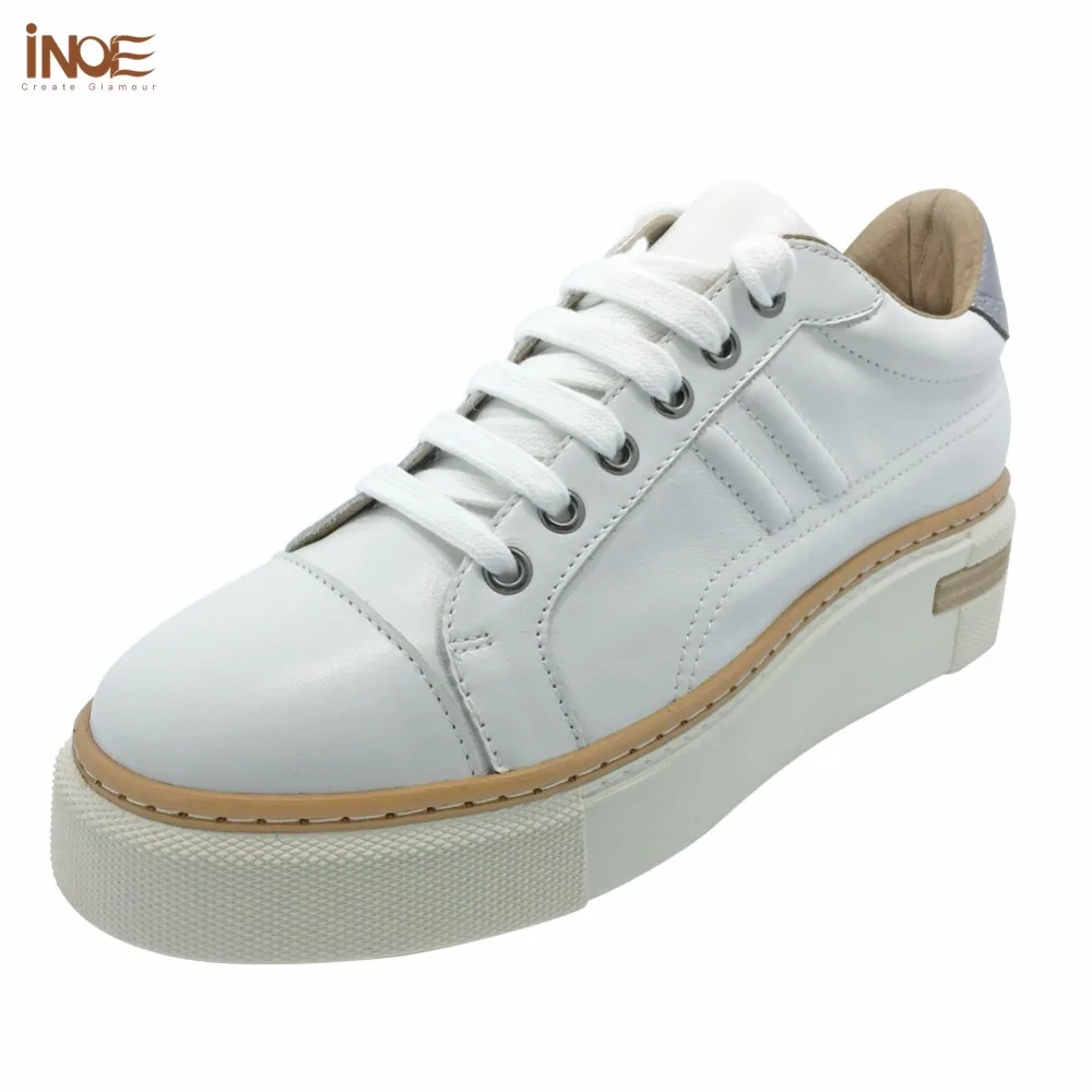 

INOE 2018 Spring Autumn new style genuine cow leather fashion sneakers for women casual shoes white flats leisure black shoes