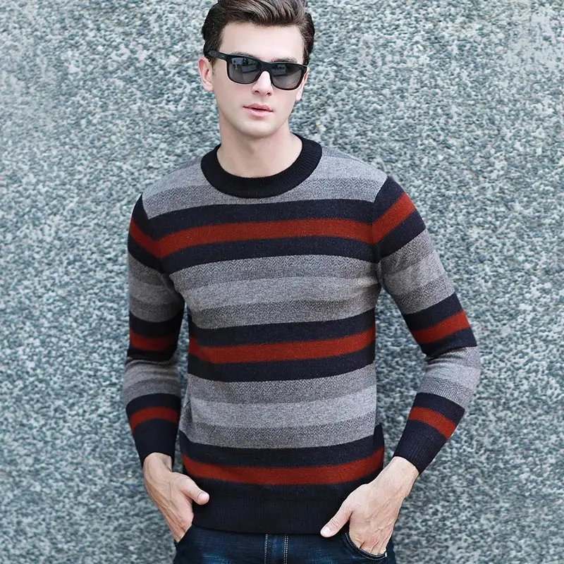 Повседневные мужские толстые полосатые пуловеры, свитер, осенние и зимние мужские свитера с длинными рукавами и круглым вырезом, теплые пуловеры, Свитера - Цвет: Red