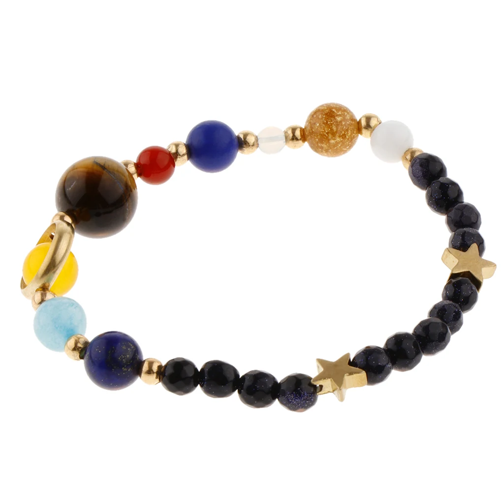 Women Multicolor Round Natural Stone Beads Bracelets Elastic Solar System Bracelet