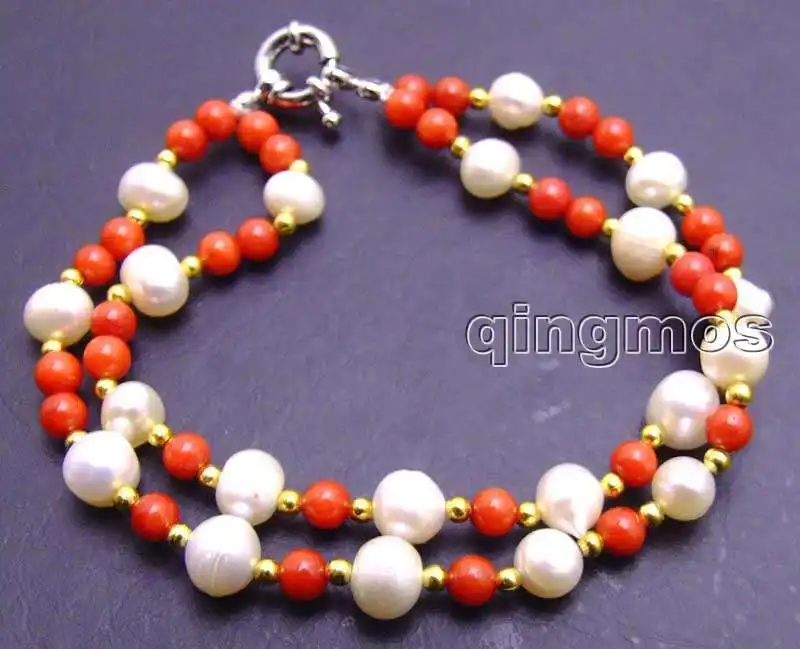 

SALE High luster 6-7mm natural White freshwater Pearl and 5mm red coral 2 strands 7.5" bracelet -bra275 Wholesale/retail